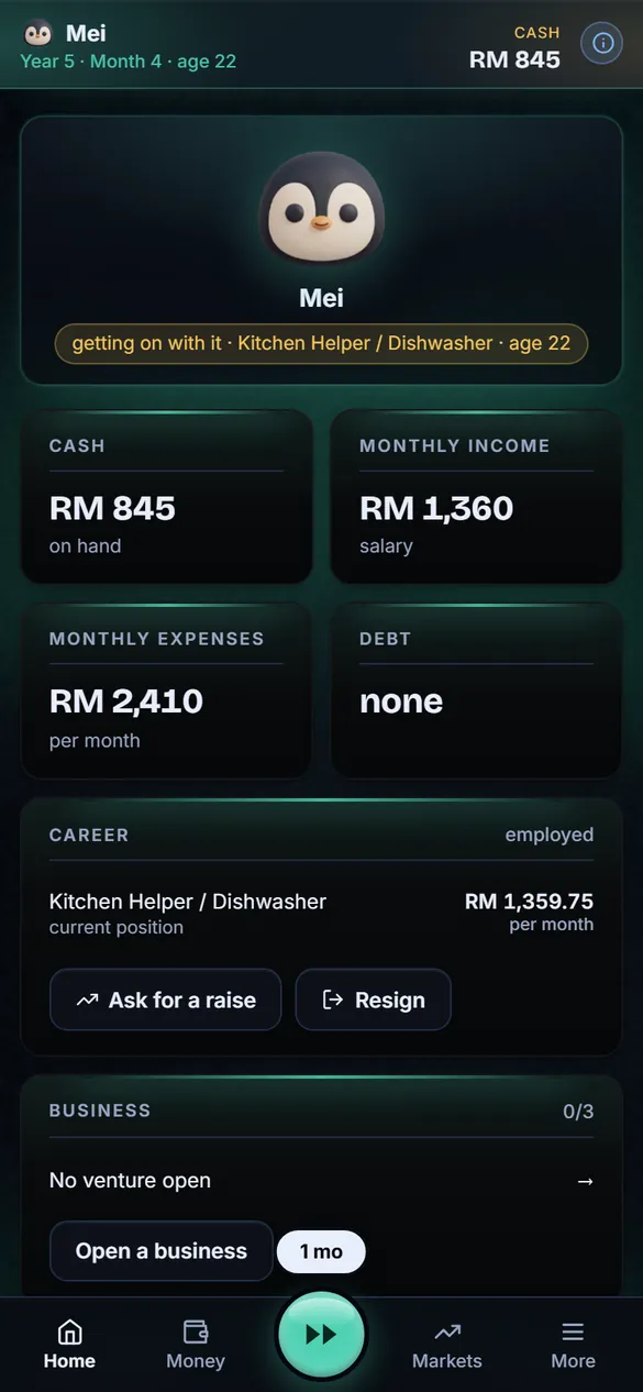 The DECADES home screen at age 22: cash, monthly income, monthly expenses, debt, career and business