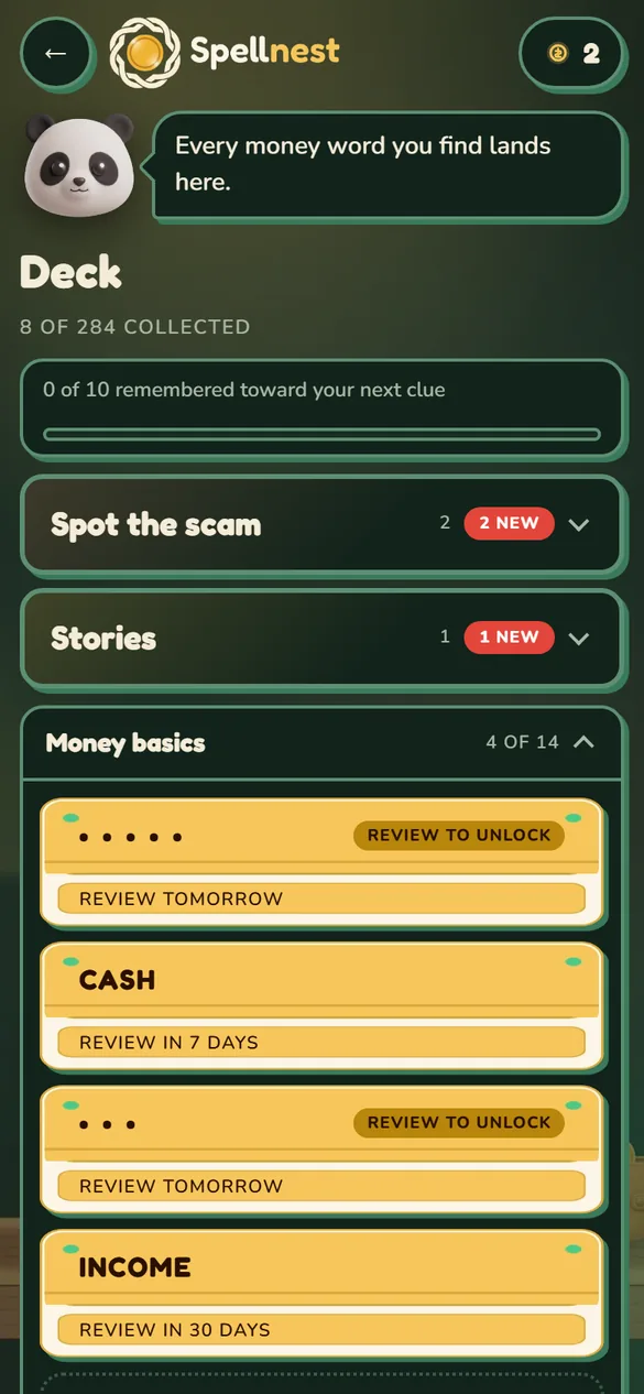 The deck: money-word cards with their next review date