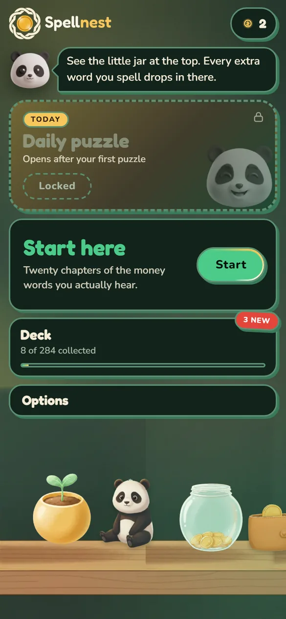 The Spellnest menu: today's puzzle, the chapter you are on, your deck and the window-sill scene