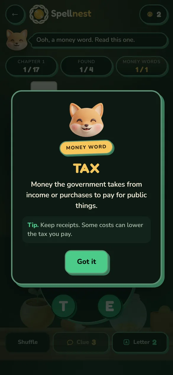 The Spellnest play screen: the money word TAX has just landed in the crossword and the fox explains what it means