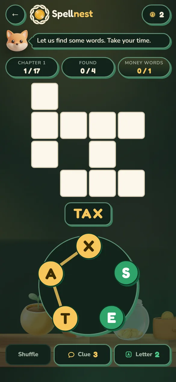 Spelling the word TAX by dragging across the ring of letters