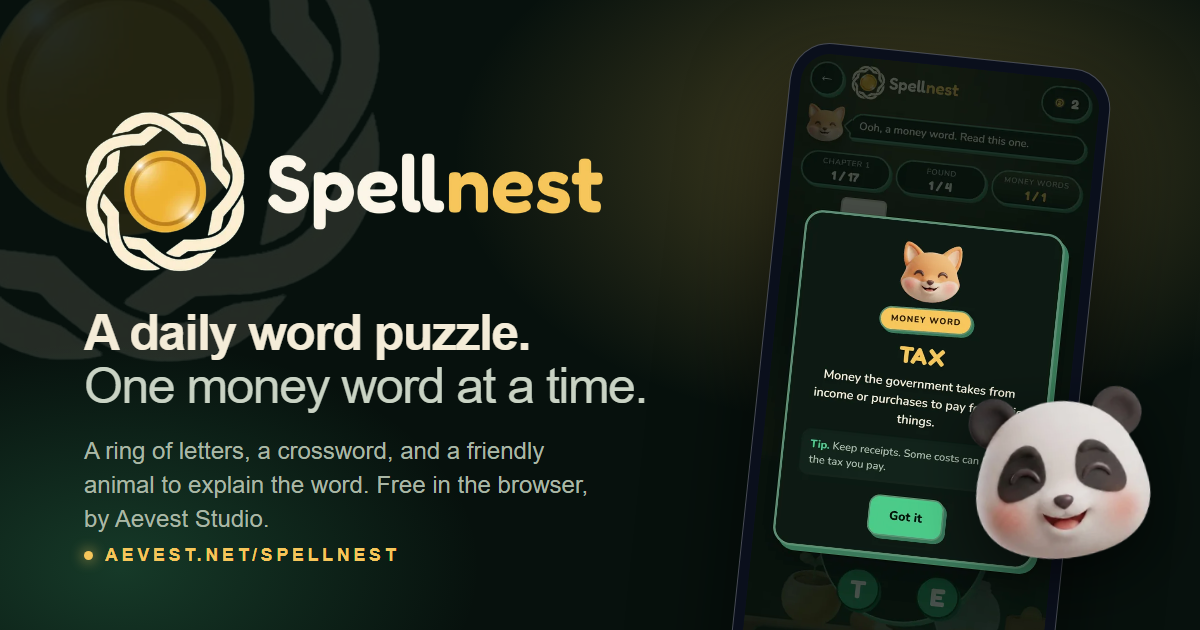 Spellnest key art: A daily word puzzle. One money word at a time. A phone shows the money word TAX, with the panda beside it