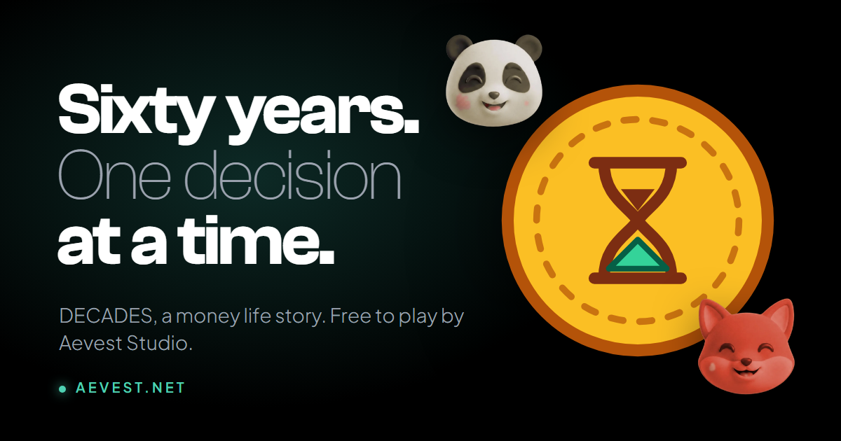 DECADES key art: Sixty years. One decision at a time. The hourglass coin with the panda and the fox