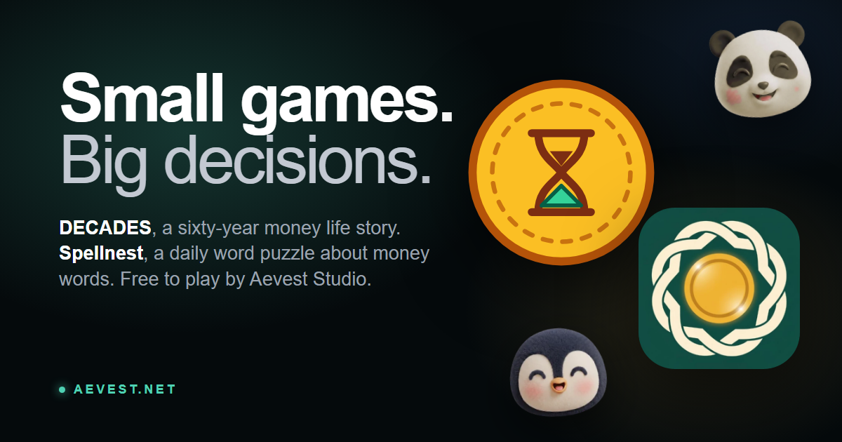 Aevest Studio key art: Small games. Big decisions. The DECADES and Spellnest icons with the panda and the penguin
